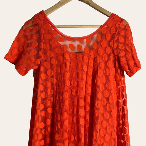 Fuzzi Short-Sleeve Asymmetric-Hem Dotted Orange Midi Dress Size L - Picture 7 of 8